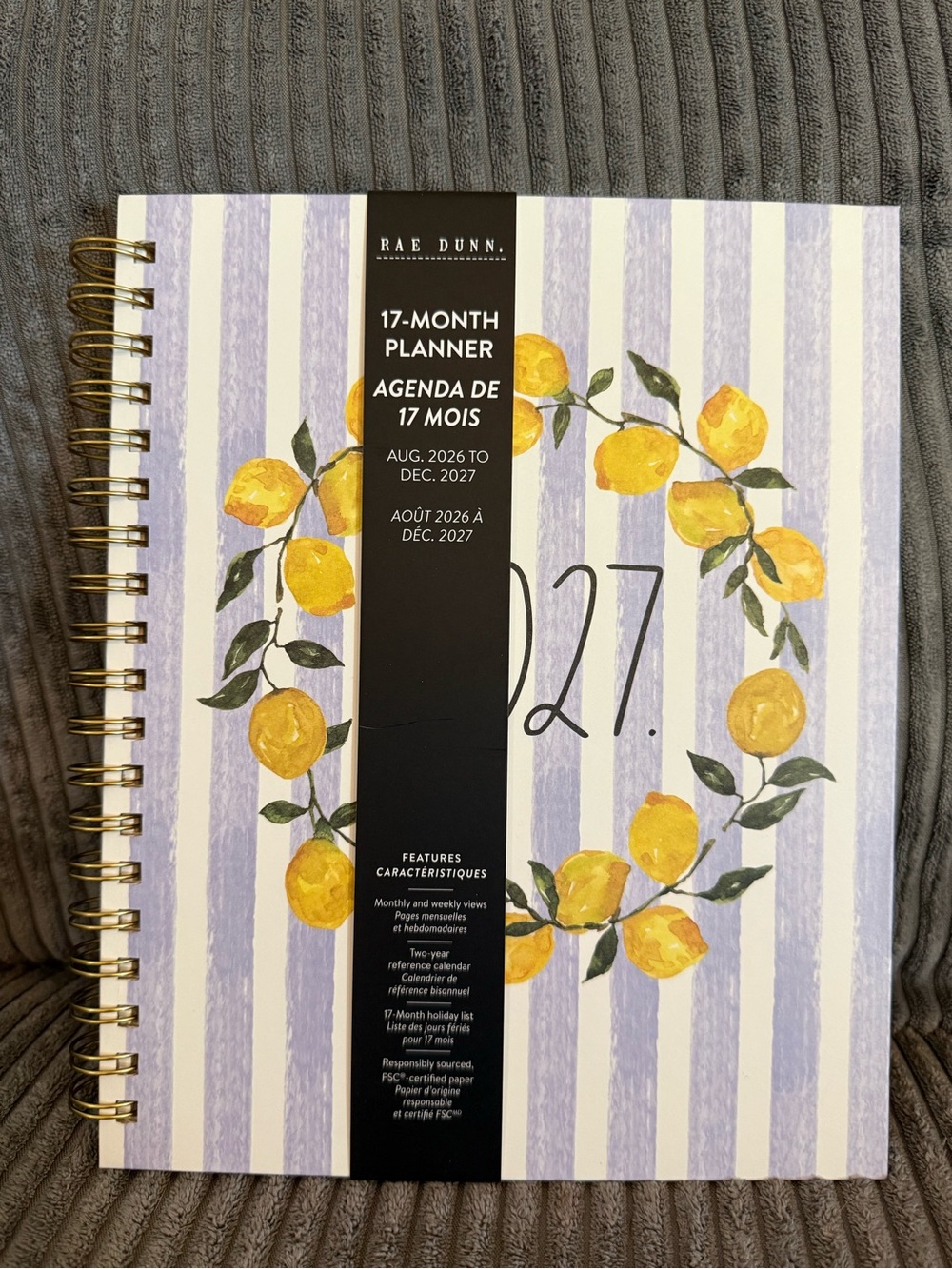 Rae Dunn Yellow Lemon Wreath 17- Month Planner with Lavender Stripes- NWT